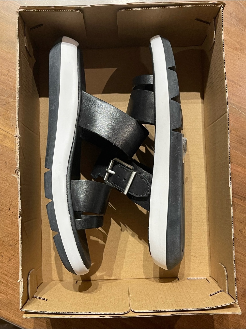 Clarks Black Leather Slide Sandals with White Sole and Buckle - Picture 6 of 7